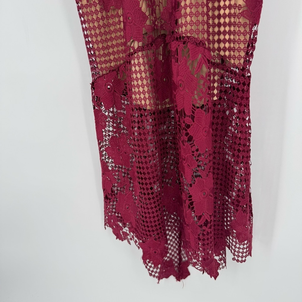 Bardot feminine whimsical  fairy Burgundy Lace romantic, formal Midi Dress - Picture 8 of 14